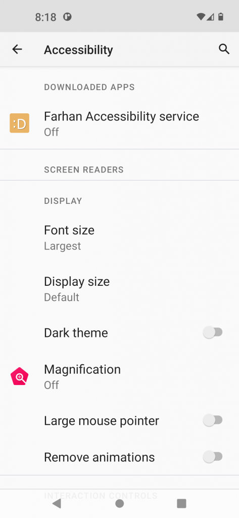 Accessibility Settings screen in Android.